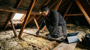 Diagnostiqueur qui relève l'isolation des combles pendant un audit énergétique réglementaire de maison