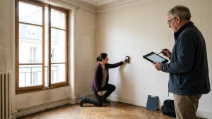 Stagiaire en formation pour devenir diagnostiqueur immobilier, mesure d'une pièce au télémètre laser