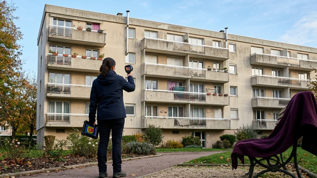 Diagnostiqueur devant une copropriété des années 1970 pour réaliser un DPE collectif obligatoire