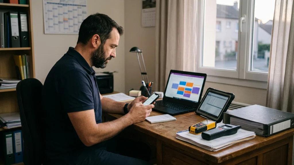 Diagnostiqueur immobilier à son bureau avec tablette et ordinateur, utilisant ses logiciels de diagnostic et de gestion