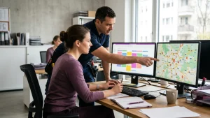 Assistante et technicien d'un cabinet de diagnostic organisant le planning et les tournées sur agenda et carte