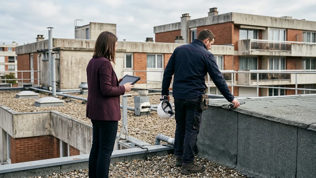 Diagnostiqueur et gestionnaire de syndic inspectant la toiture d'une copropriété pour un PPPT