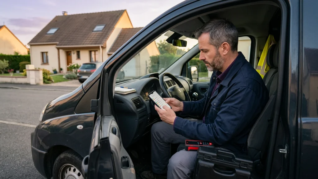 Diagnostiqueur immobilier qui consulte ses factures impayées sur smartphone avant d'envoyer un mail de relance